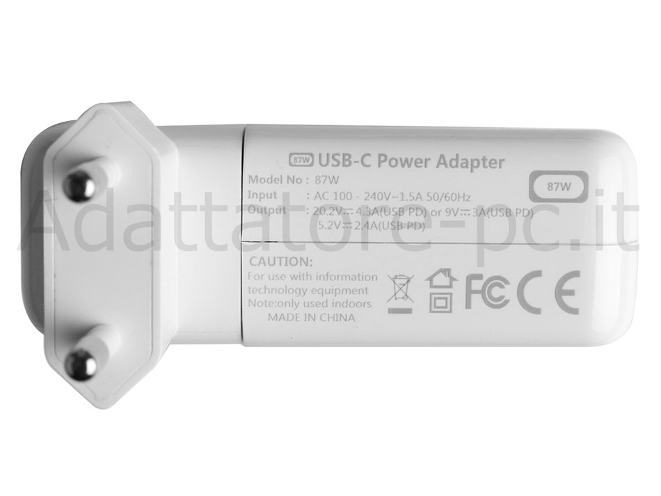 Alimentatore Adattatore per Apple MacBook Pro MLH42T/A 87W USB-C